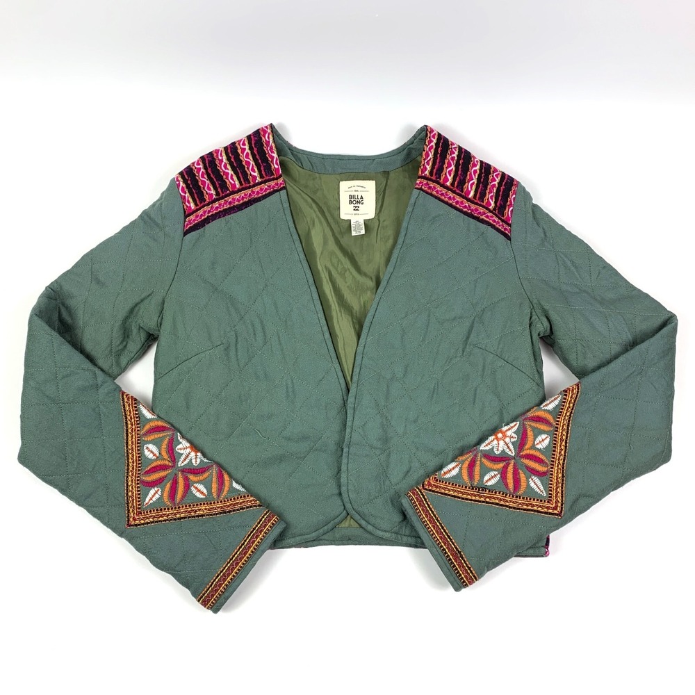 VTG Billa Bong Crop Jacket Quilted Embroidered Womens Sz M Green Pink White Boho